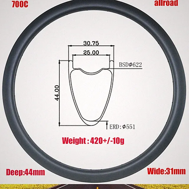 700C 44X31mm All Road Gravel Bike Carbon Rim Disc or V Tubeless UD 3K 16-36 Hole