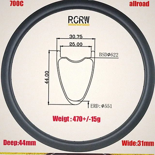 700C 44X31mm All Road Gravel Bike Carbon Rim Disc V Tubeless 16-36 Holes