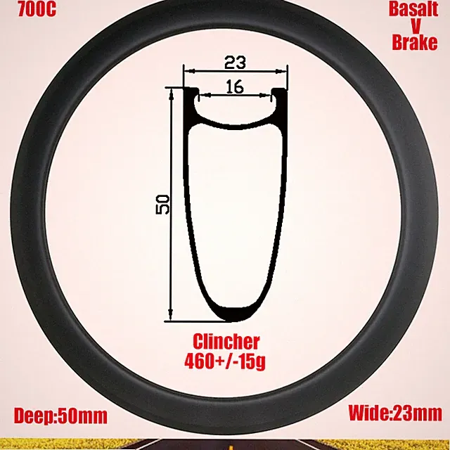 700C 50X23mm Road Bicycle Carbon Rim Disc Basalt V Brake Clincher 16-36Holes